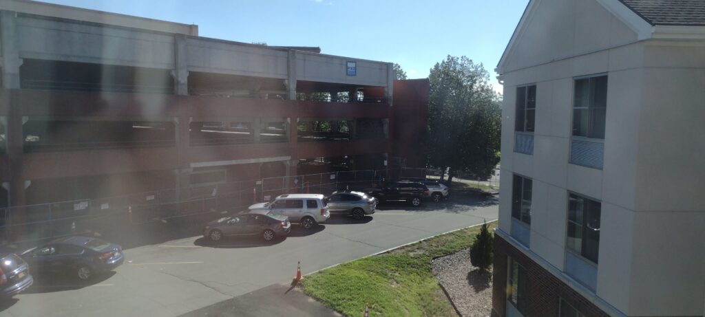 View from our hotel room in Troy of the condemned public parking garage currently being demolished